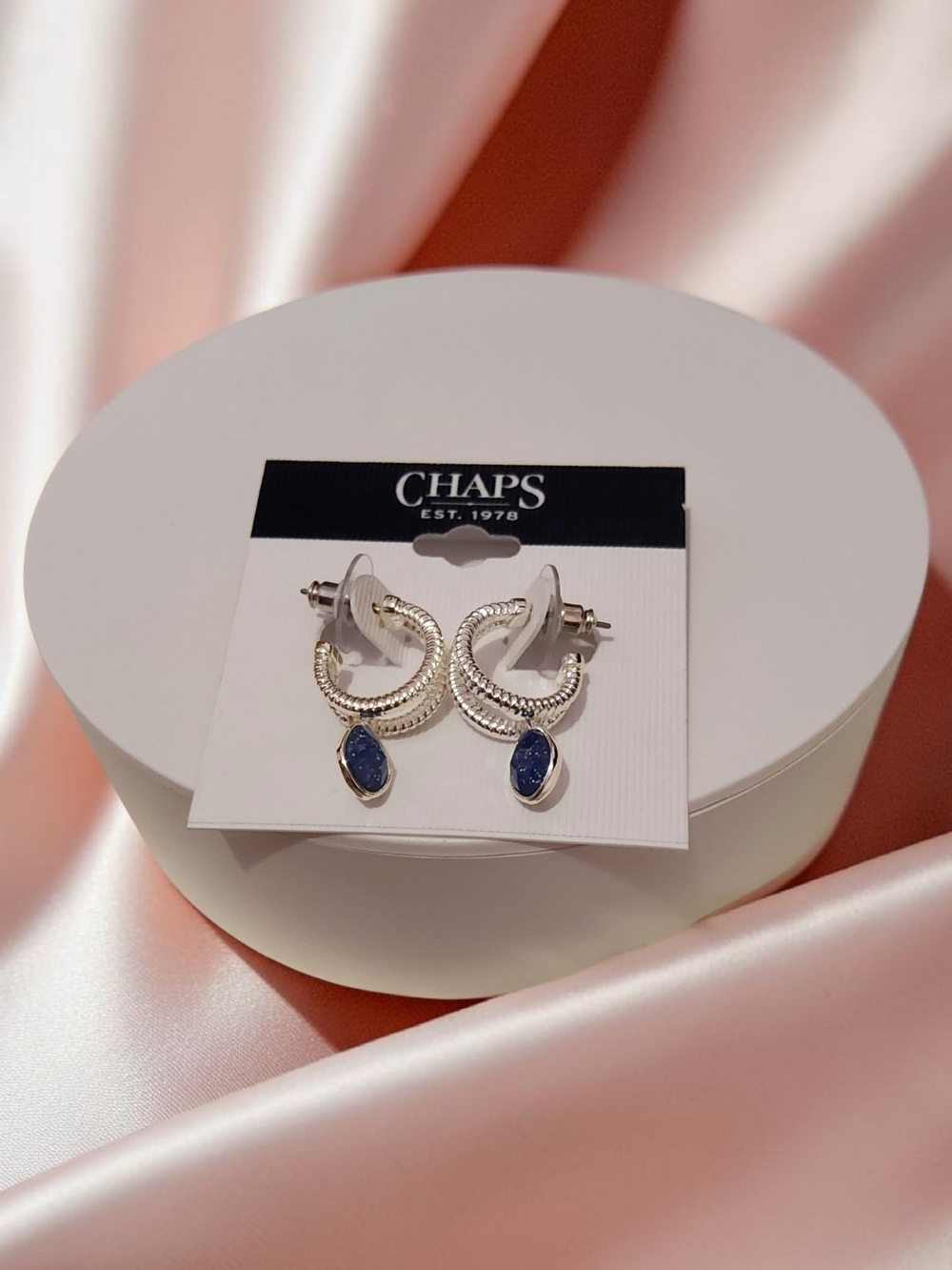 Chaps Silver Hoop Earrings with Dark Blue Teardrop Stones
